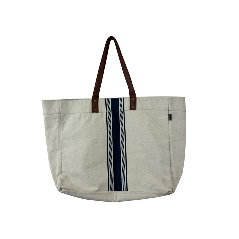Maika Large Canvas Tote Shoulder Bag Carryall Cream Blue Striped Womens READ
